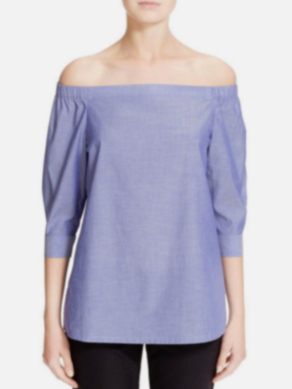 Theory Joscla Off Shoulder Light Blue Cotton Cocktail Blouse Top in Chambaray S